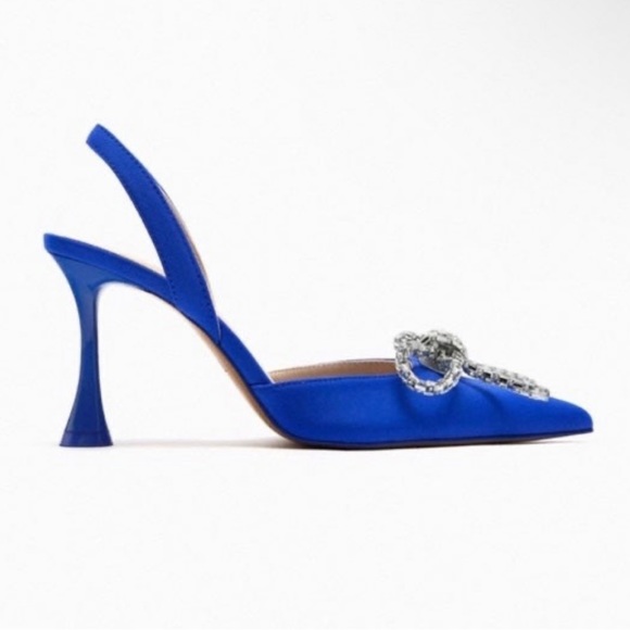 NWT Zara Embellished Bow Heeled Slingback in Blue 7.5 - Picture 6 of 10